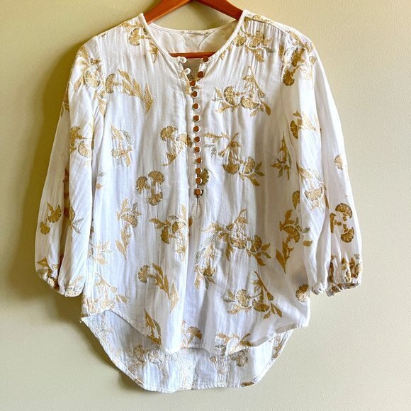 Anthropologie Floreat Atley Metallic Floral Embroidered Peasant Top Blouse Sz S - Picture 3 of 7